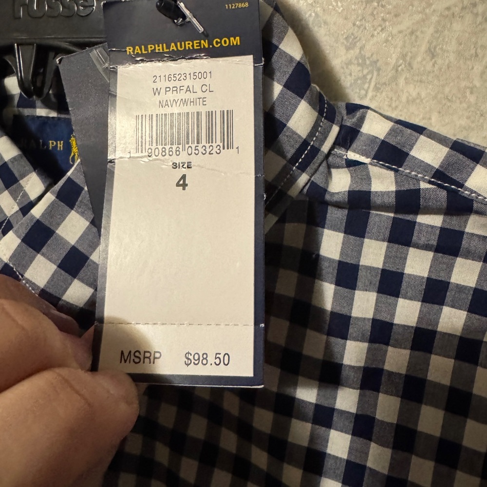 New Ralph Lauren Navy Blue & White Gingham Slim Fit Button Down Shirt Size 4 - Picture 3 of 4